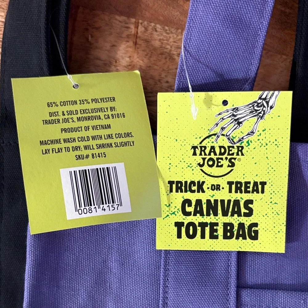 Trader Joe's Black and Purple Halloween Canvas Tote Bags set of 2 trick or treat - Picture 4 of 4